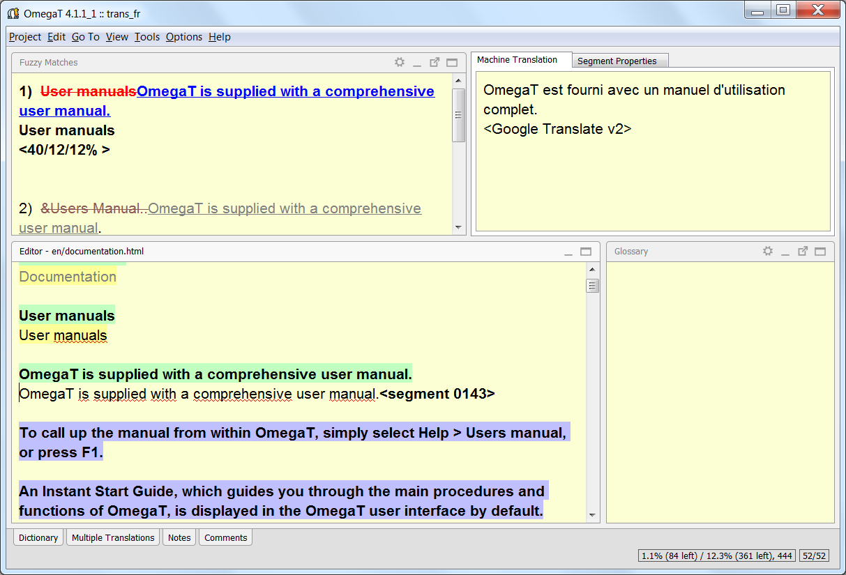 Screenshot of a OmegaT Interface